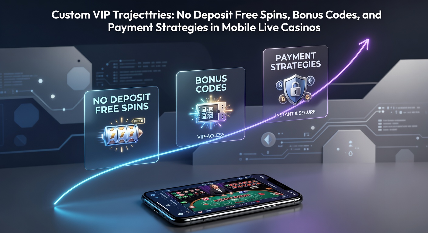 Smartphone mit Live-Casino-App, die VIP-Stufen und Free-Spins-Boni anzeigt, umgeben von grafischen Elementen wie Münzen und Karten