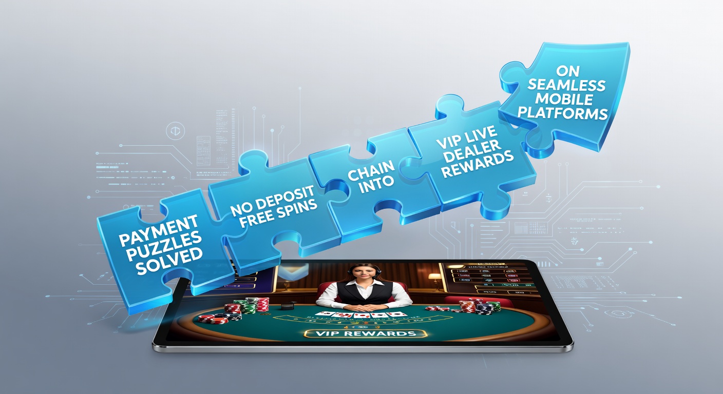 Grafik zeigt eine Kette von No-Deposit-Free-Spins, die zu VIP-Live-Dealer-Tischen auf einem Smartphone führt, mit Zahlungssymbolen im Hintergrund